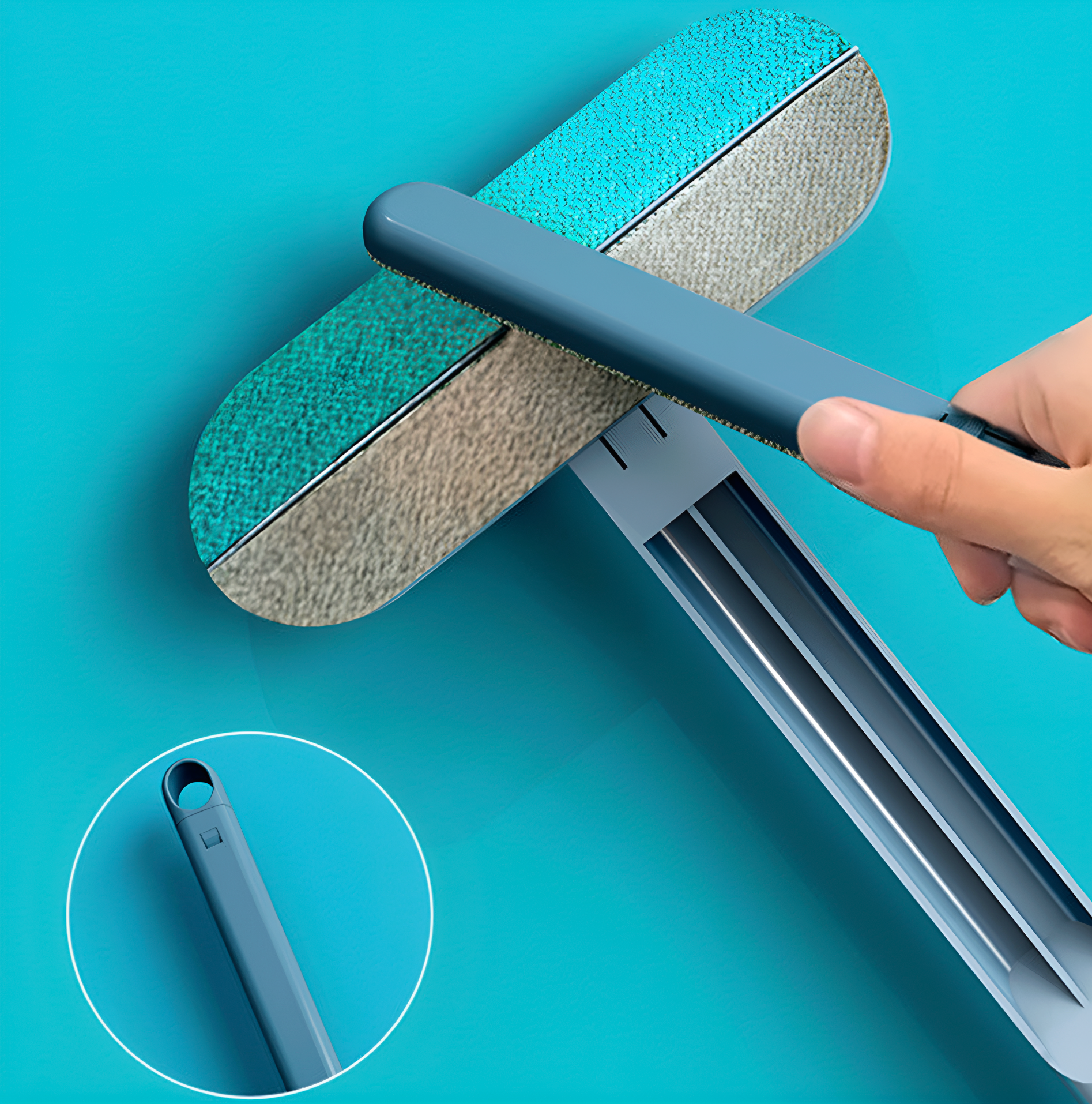 Cleaning tool with blue and gray design on a blue background