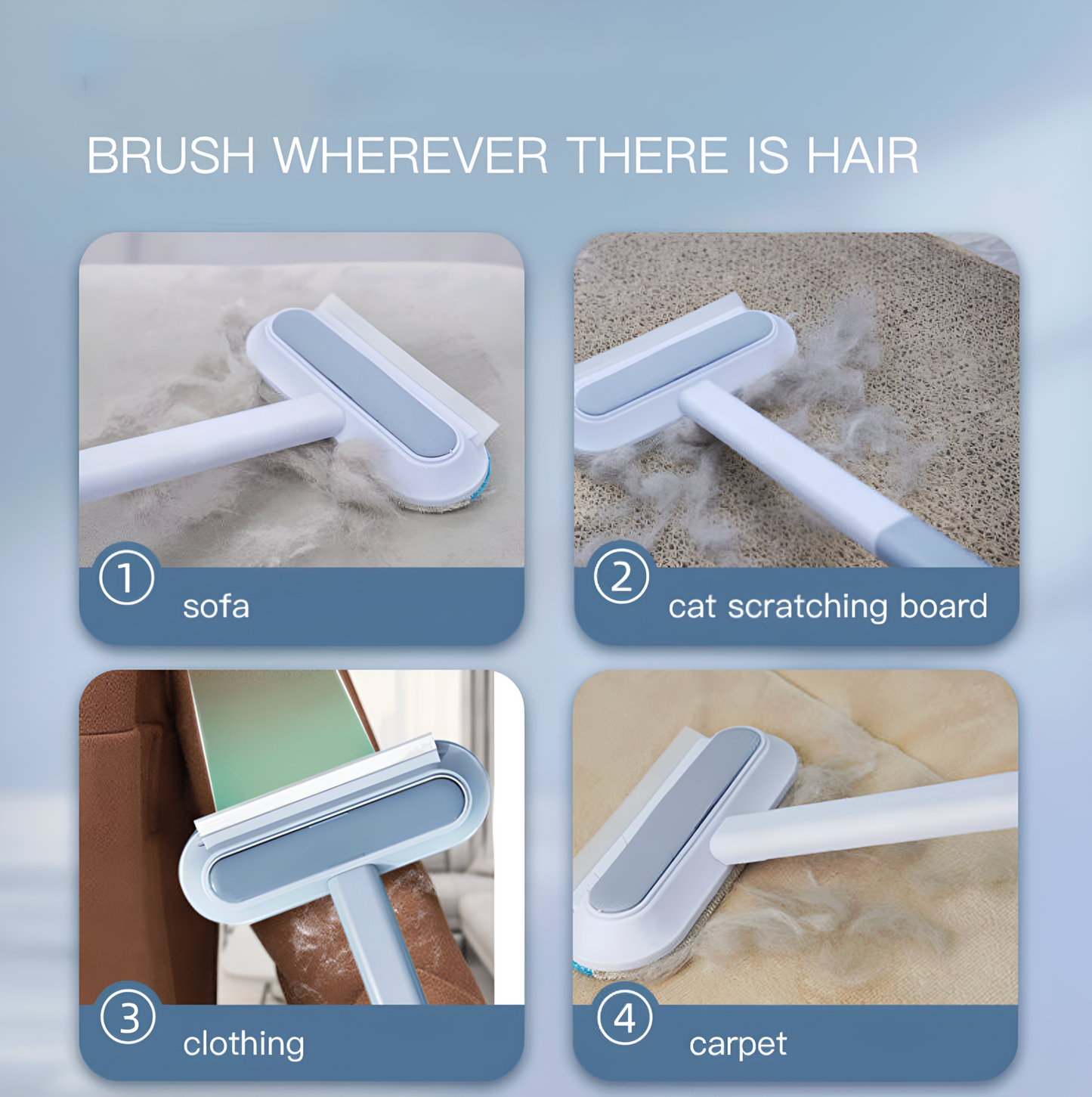 Cleaning tool being used on various surfaces with text indicating its versatility.