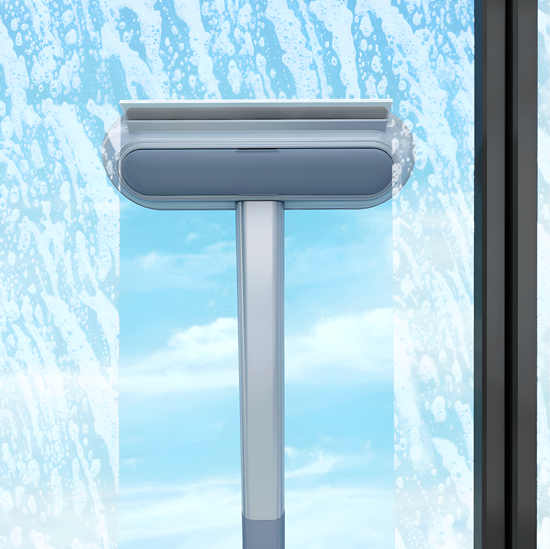 Window cleaning tool with squeegee and scrubber on a glass surface