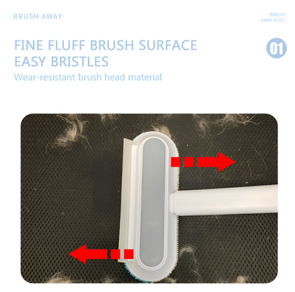 Cleaning brush with fine fluff brush surface and easy bristles on a black mesh background.