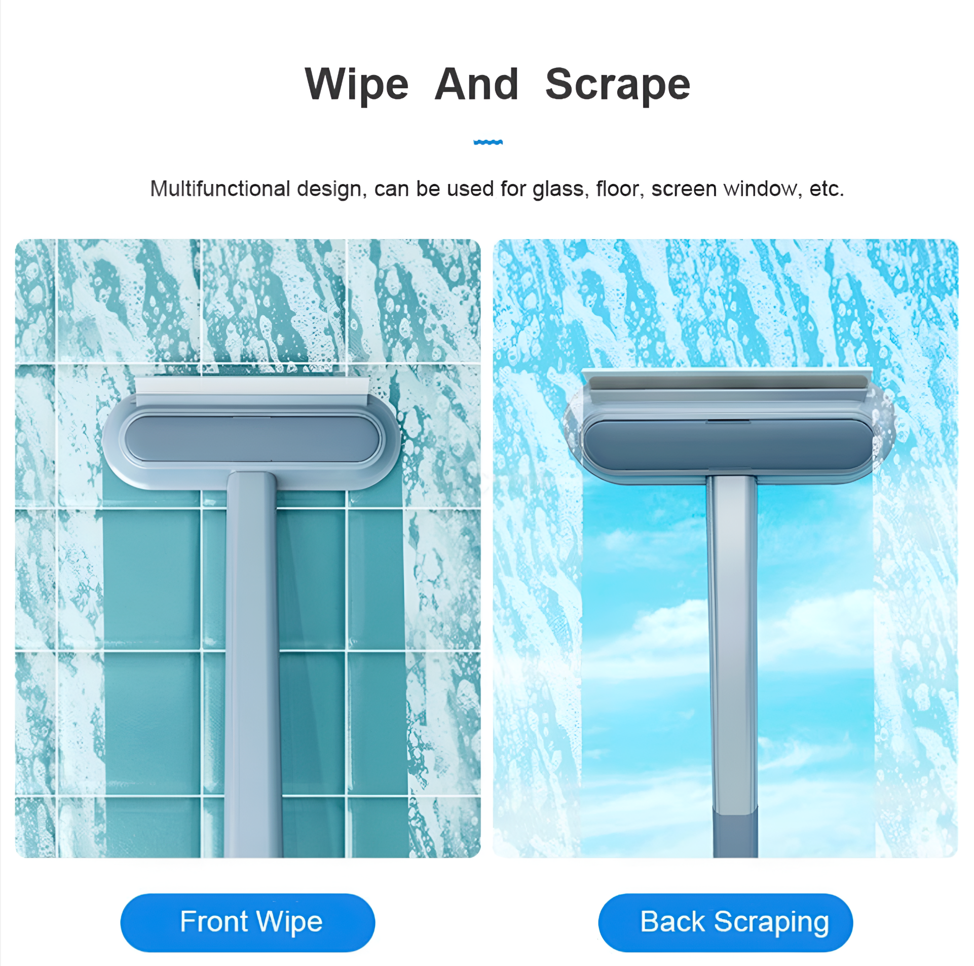 Multifunctional cleaning tool for glass, floor, and screen window with front wipe and back scraping features.