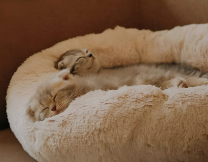 Two cats sleeping in a plush beige pet bed.