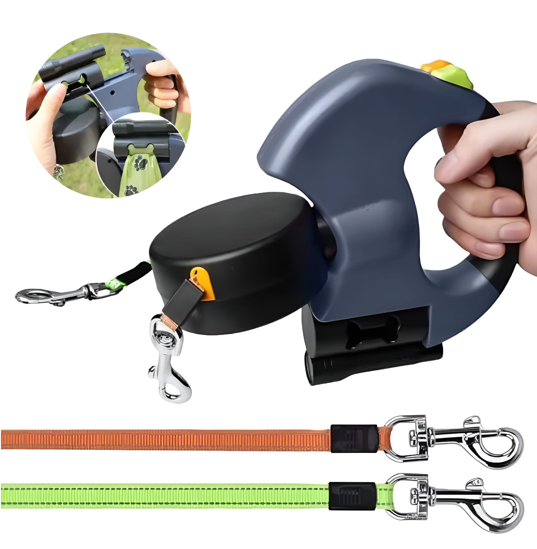 Retractable dog leash with handle and leashes on a white background