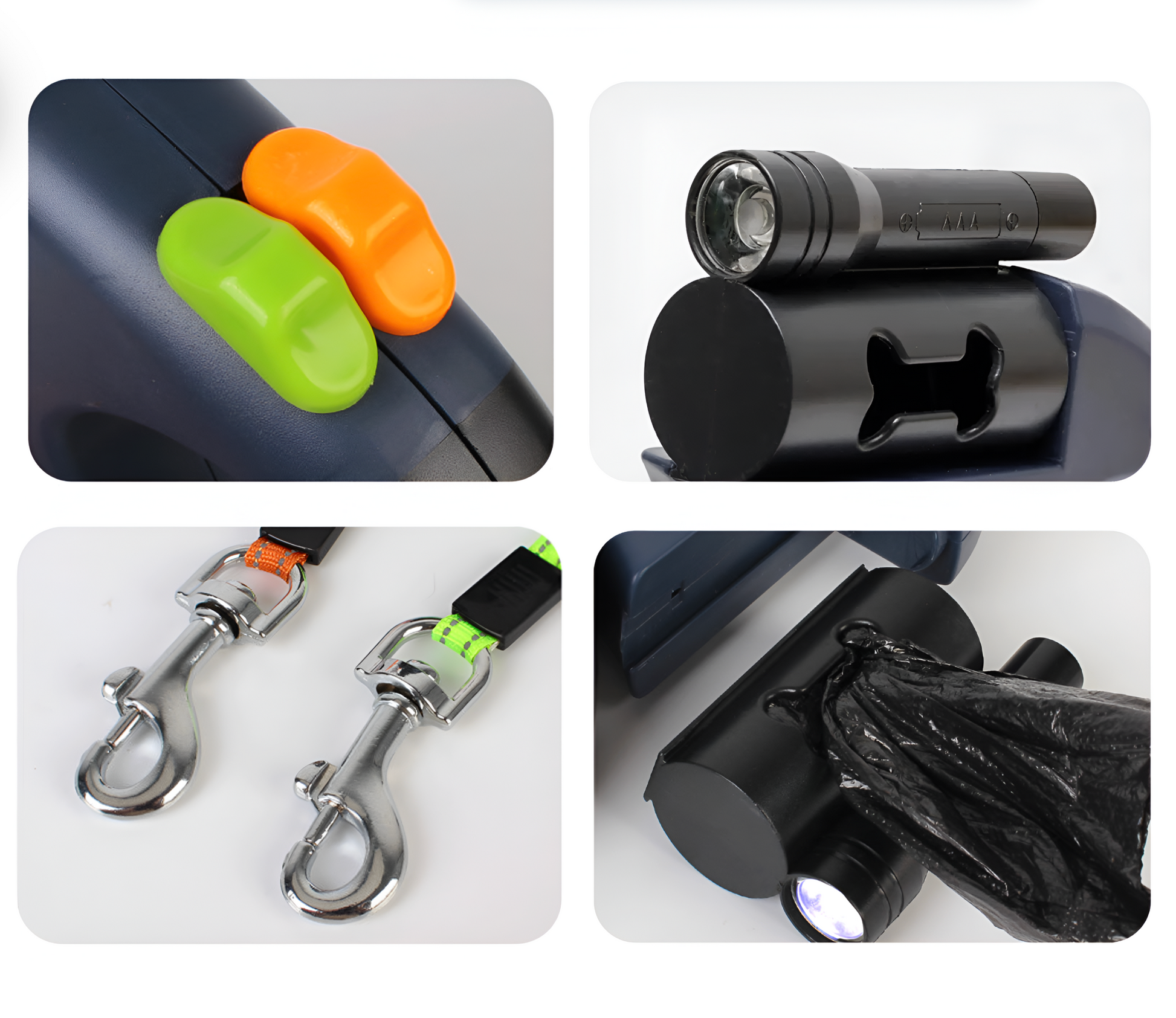 Collage of a dog leash holder, flashlight, dog tag, and trash bag dispenser on a white background.