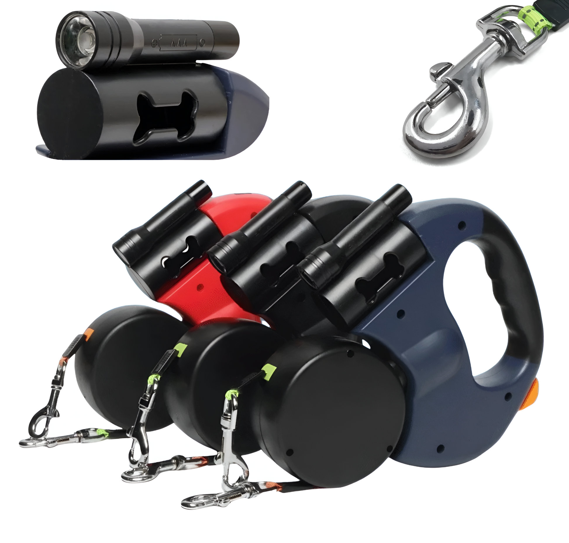 Retractable dog leashes with various attachments on a white background