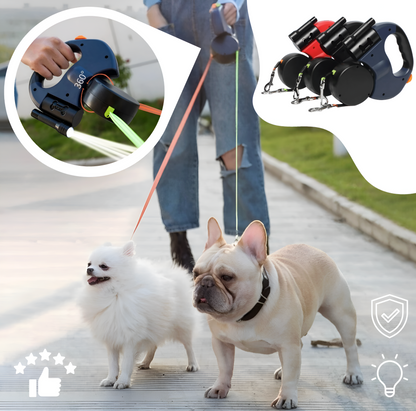 Two dogs on a leash with a person walking them, featuring a close-up of a dog leash handle and multiple leash handles.