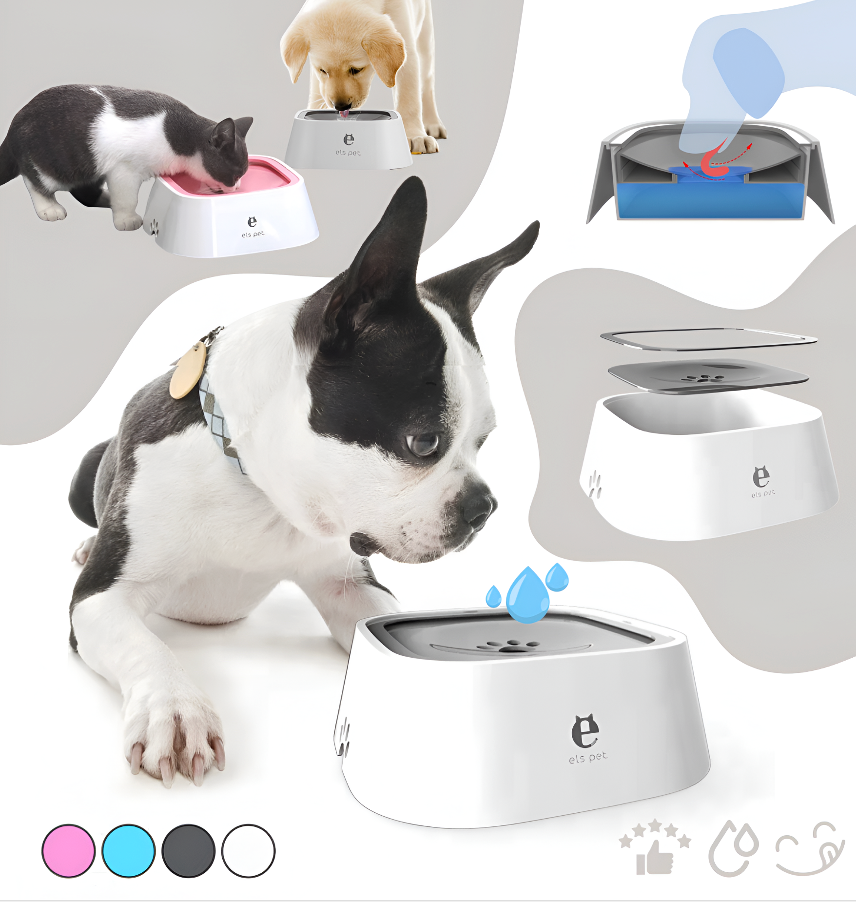 Pet bowls with a dog drinking from one, surrounded by various pet products on a light gray background.