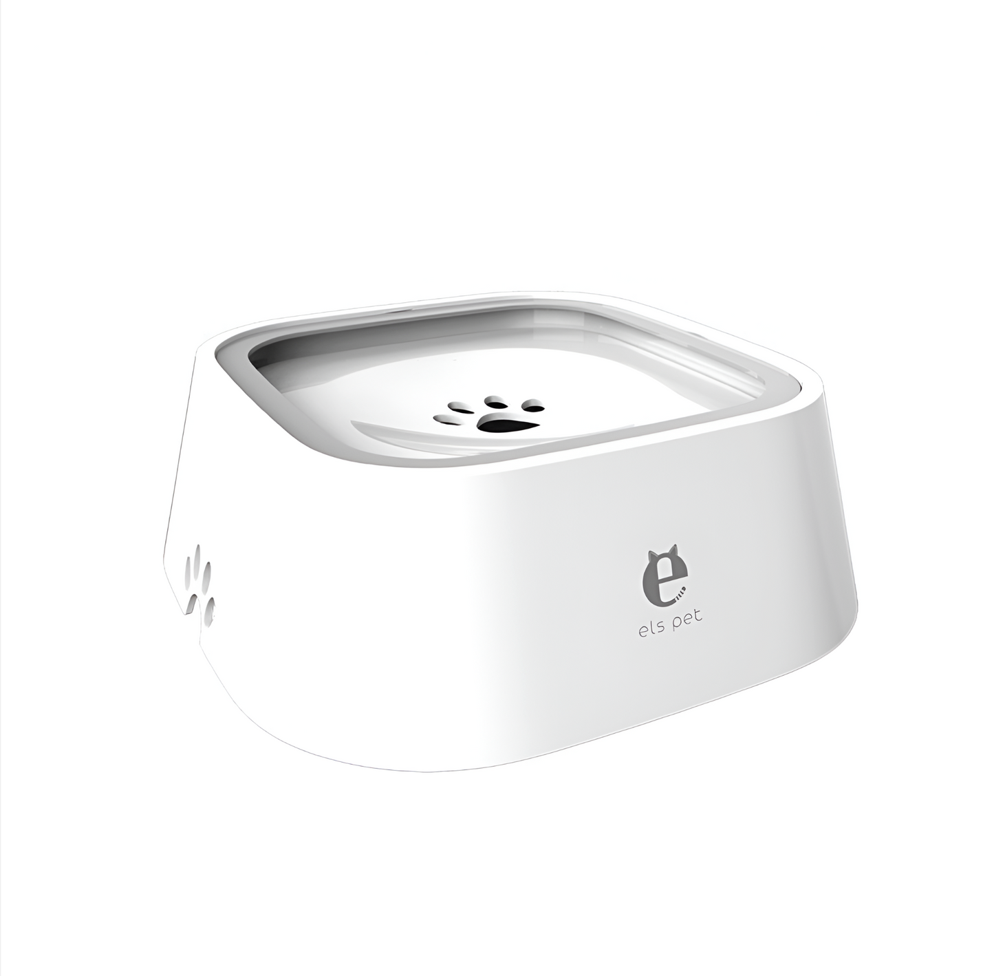 White pet water fountain with paw print design on a white background