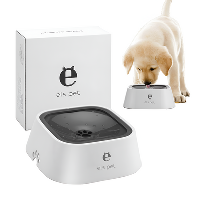 Pet bowl with 'els pet' branding next to a box and a puppy drinking from the bowl.