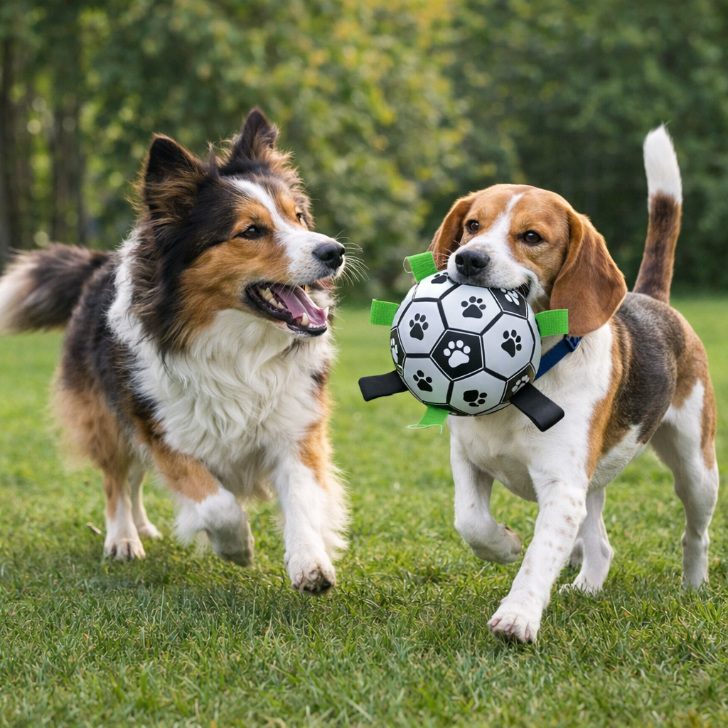 Two dogs playing with a soccer ball toy on grass