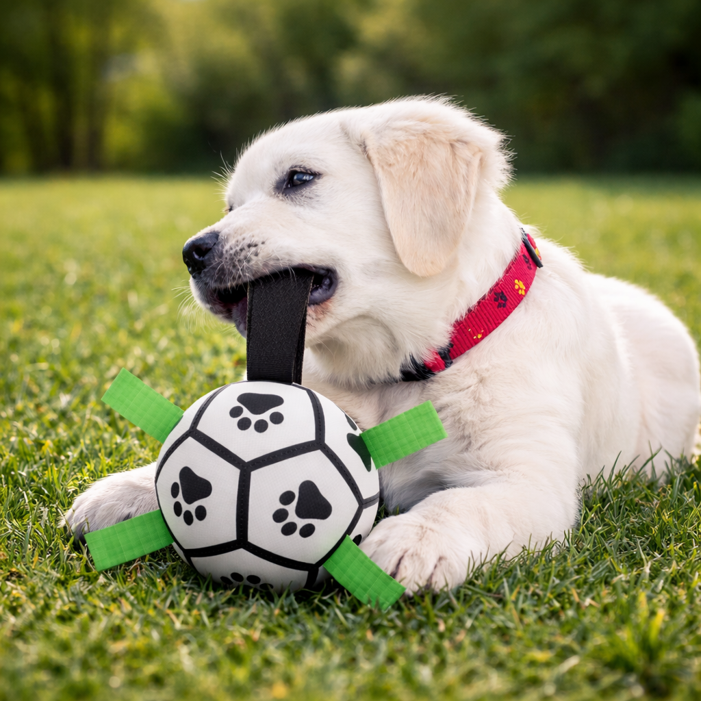 White puppy playing with a black and white ball toy on grass