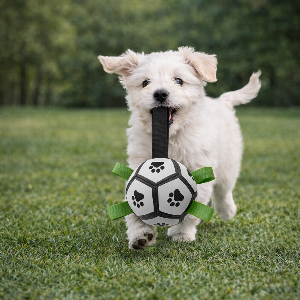 White puppy running on grass with a black and white ball toy