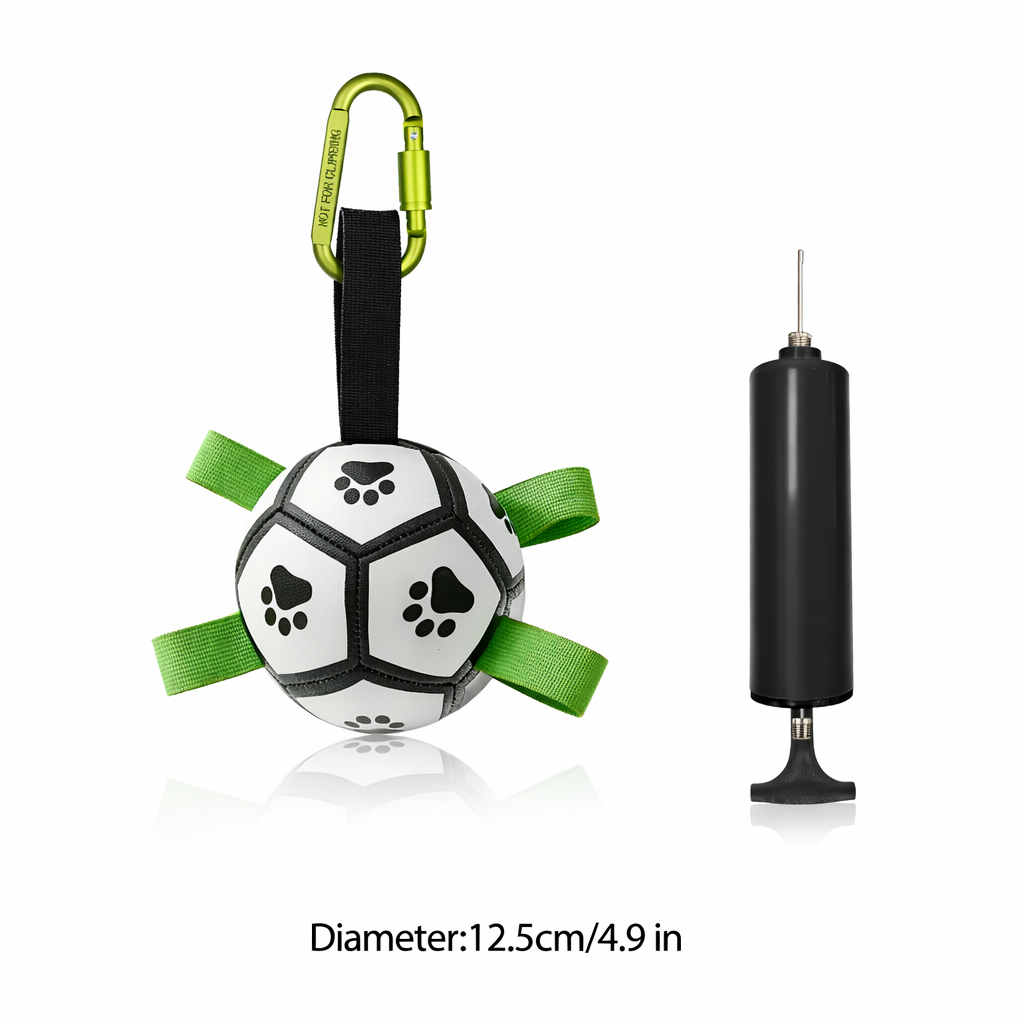 Dog toy ball with green straps and pump on a white background