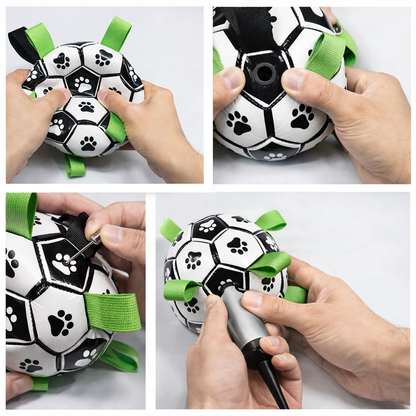 Collage of hands attaching a green strap to a black and white paw print ball.