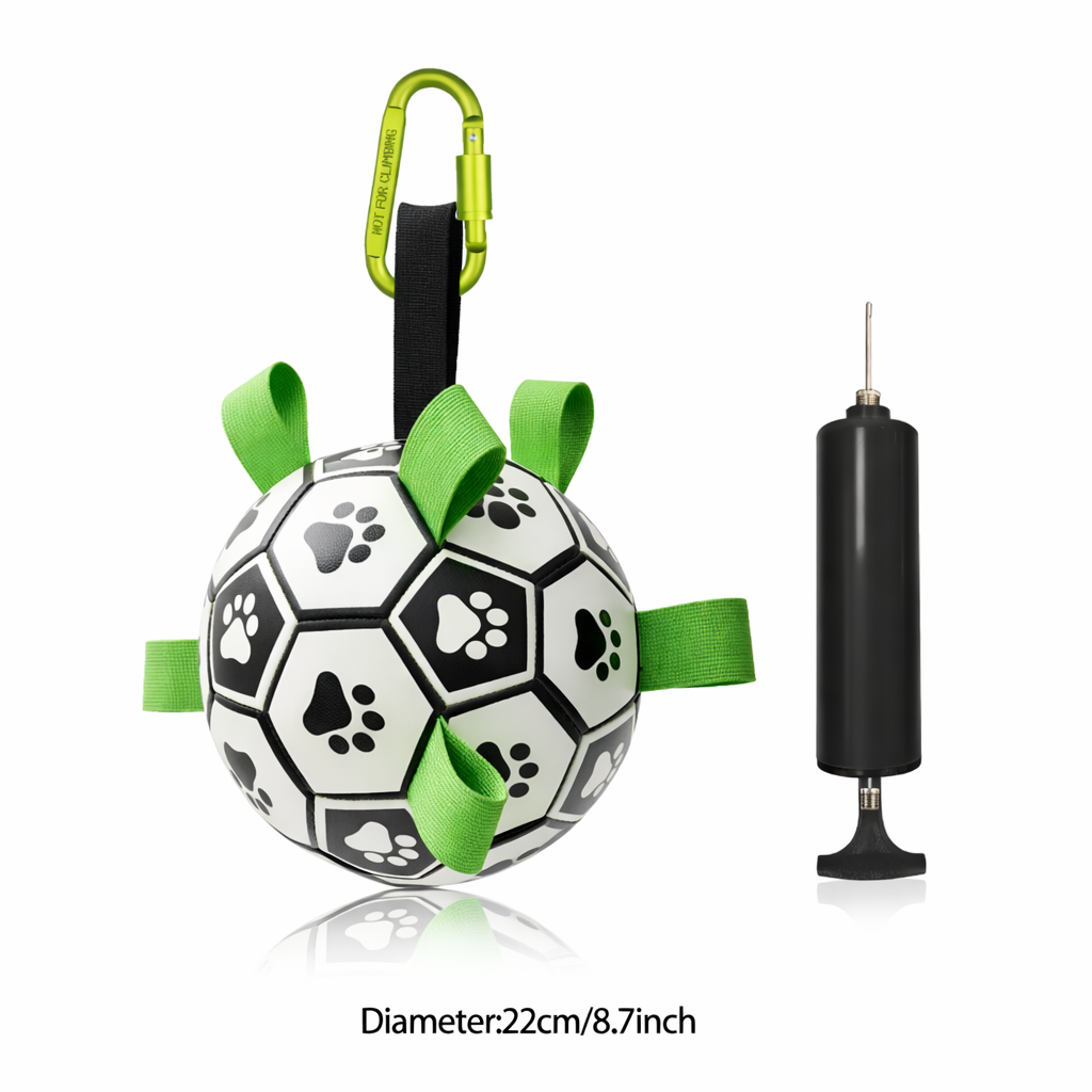 Soccer ball-shaped pet toy with green ribbons and a pump on a white background