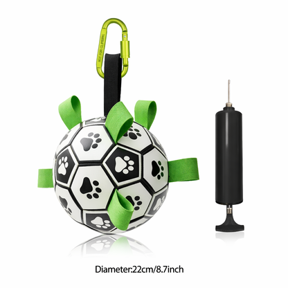 Soccer ball-shaped pet toy with green ribbons and a pump on a white background