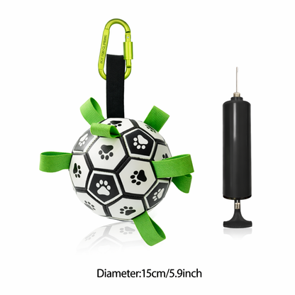 Soccer ball-shaped pet toy with green straps and a pump on a white background