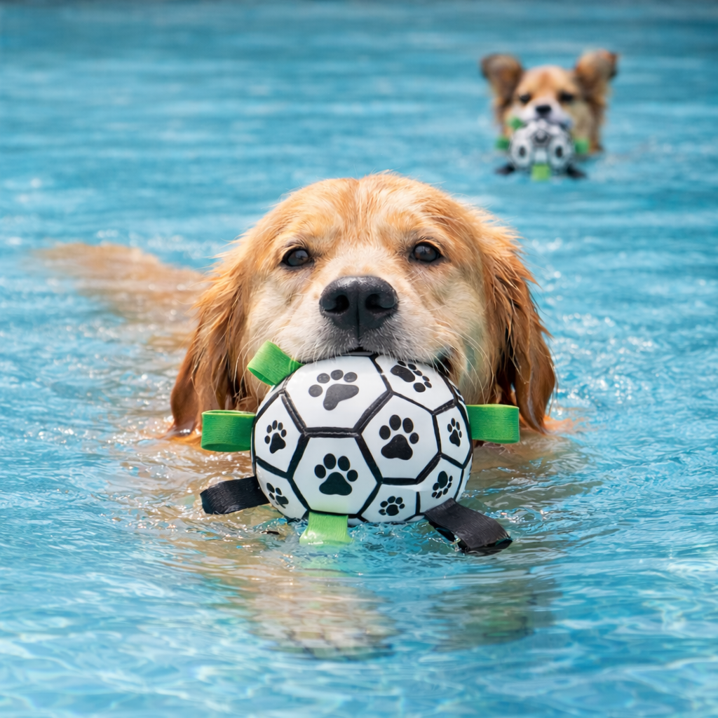 Dog swimming in water with a ball toy featuring paw prints and green handles.